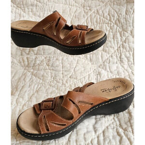 Clarks Collection Leather Slide Sandals Adjustable Straps Comfort Womens Sz 7M‎